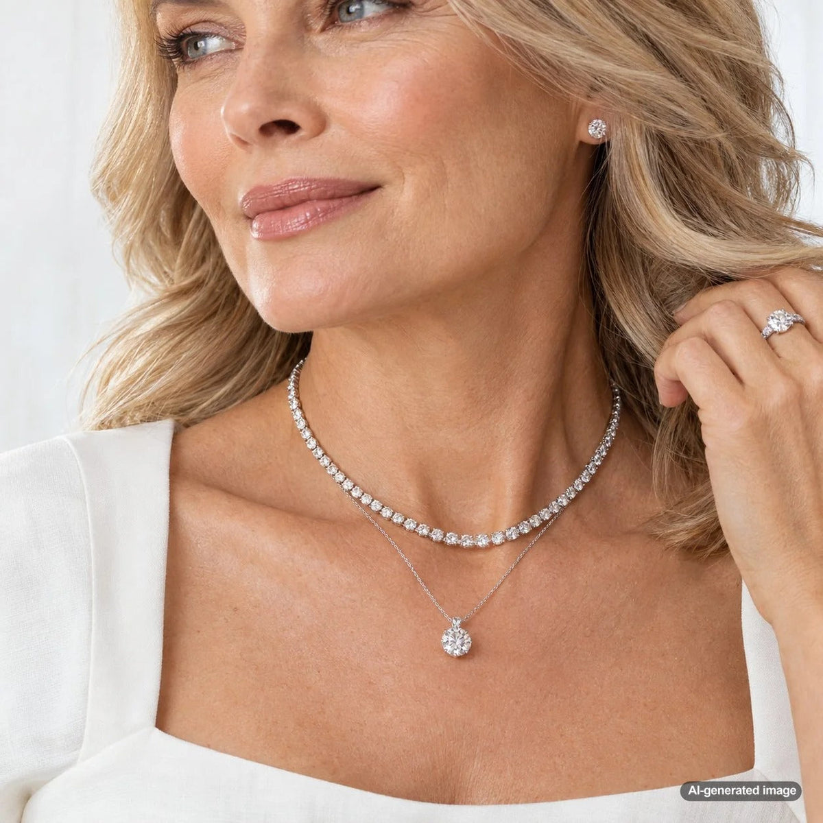 Diamond pendant layered below a sparkling tennis necklace with balanced spacing