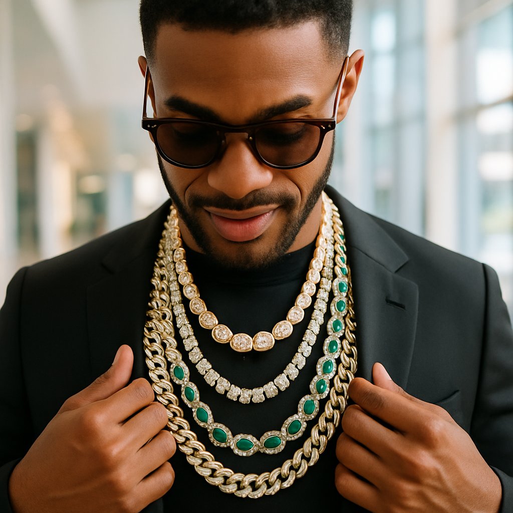 Stylish layered men's necklaces featuring a mix of chains and pendants on a male model