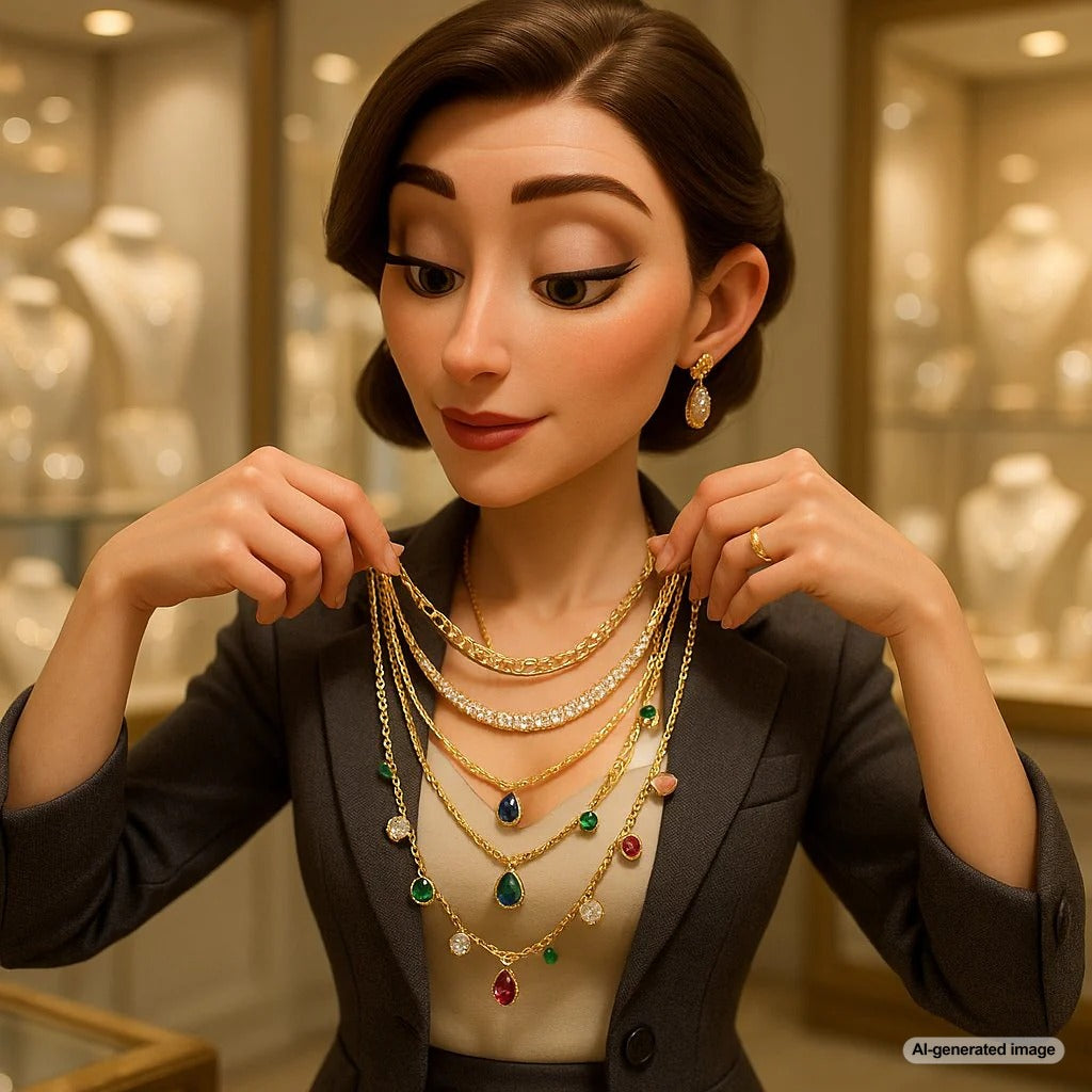 Stylish layered necklaces from Robinson's Jewelers featuring gold, silver, and gemstone pieces