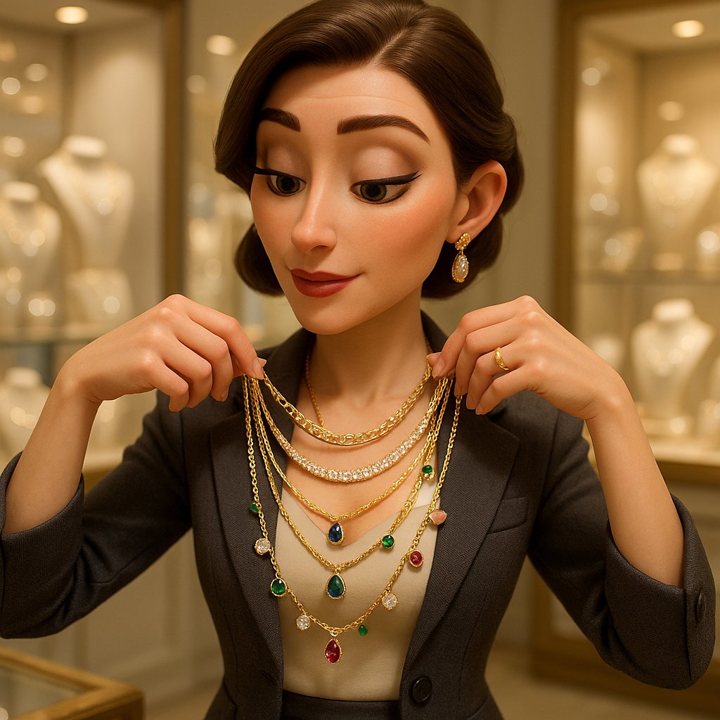 Stylish layered necklaces from Robinson's Jewelers featuring gold, silver, and gemstone pieces