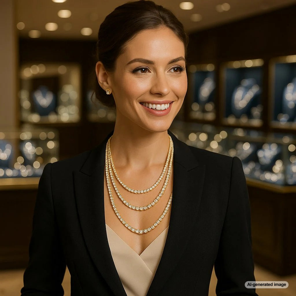 Elegant layering of three different diamond tennis necklaces on a woman's neck