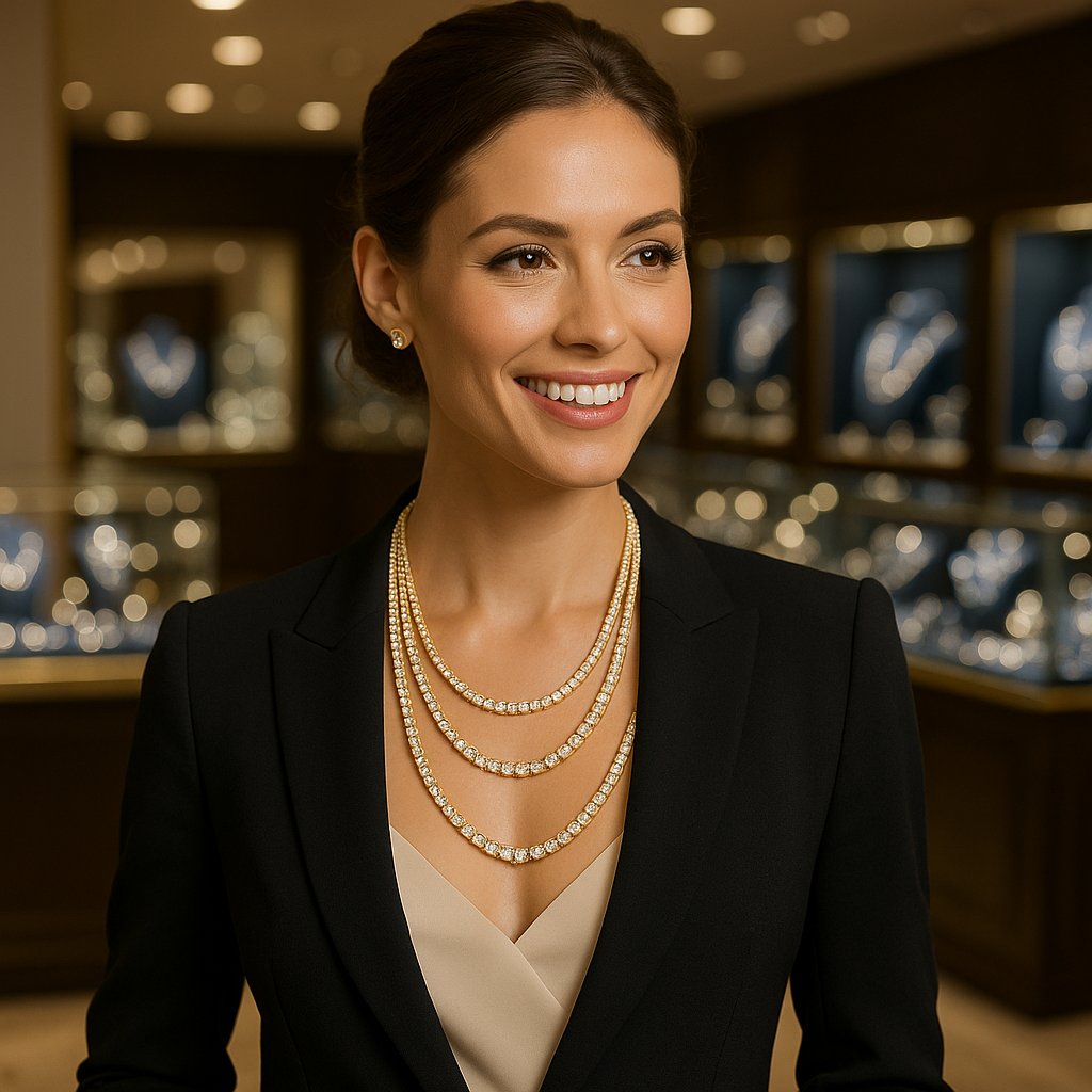 Elegant layering of three different diamond tennis necklaces on a woman's neck