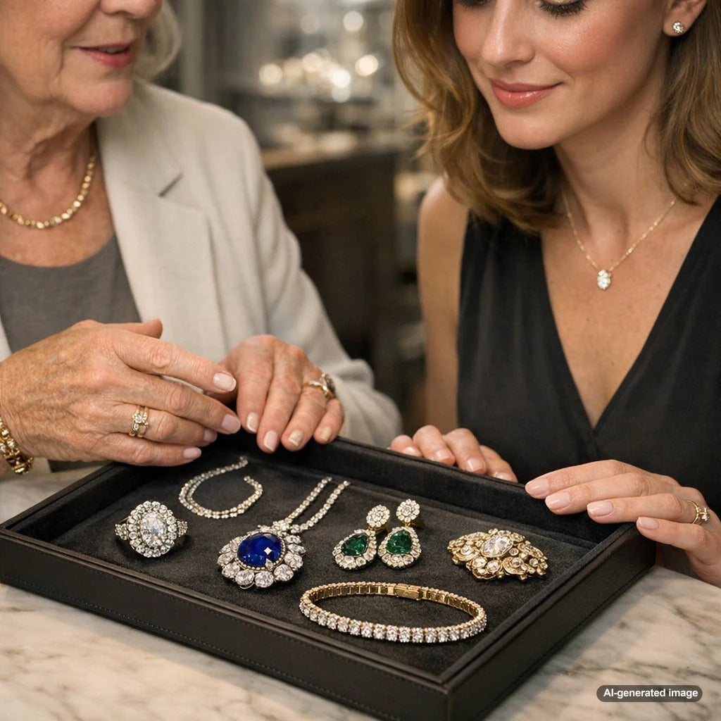 A grandmother lovingly hands a jewelry box containing a sparkling diamond necklace to her granddaughter, symbolizing the passing of heirloom jewelry through generations.