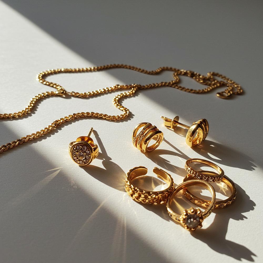 A collection of shining gold jewelry pieces including rings, necklaces, and bracelets.