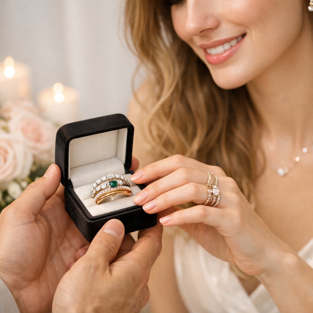 A stylish hand model wearing a beautifully arranged stack of mixed metal rings without tangling