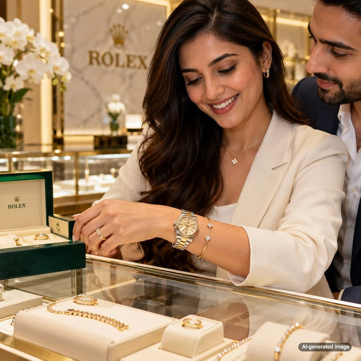 Elegant Rolex luxury wristwatch styled with delicate yellow gold bracelets for a sophisticated and balanced fine jewelry wrist stack