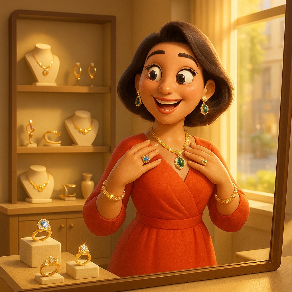 Woman wearing colorful jewelry coordinated with her outfit's color palette