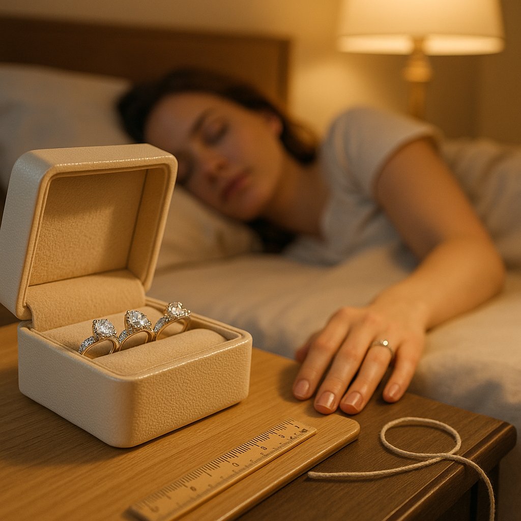 Close-up of an engagement ring being secretly measured next to a ruler with romantic candlelight in background