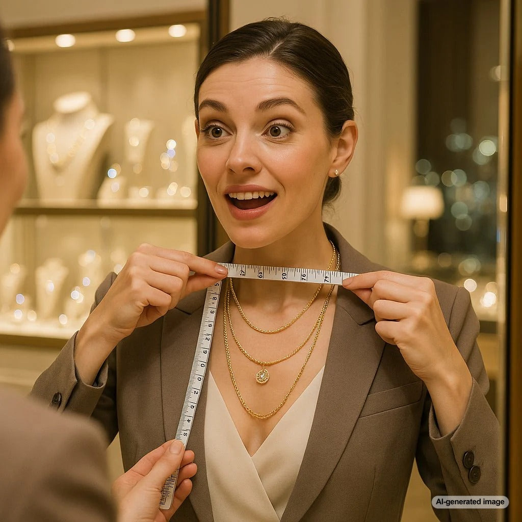 Woman measuring necklace length with a tape measure, showcasing different necklace styles