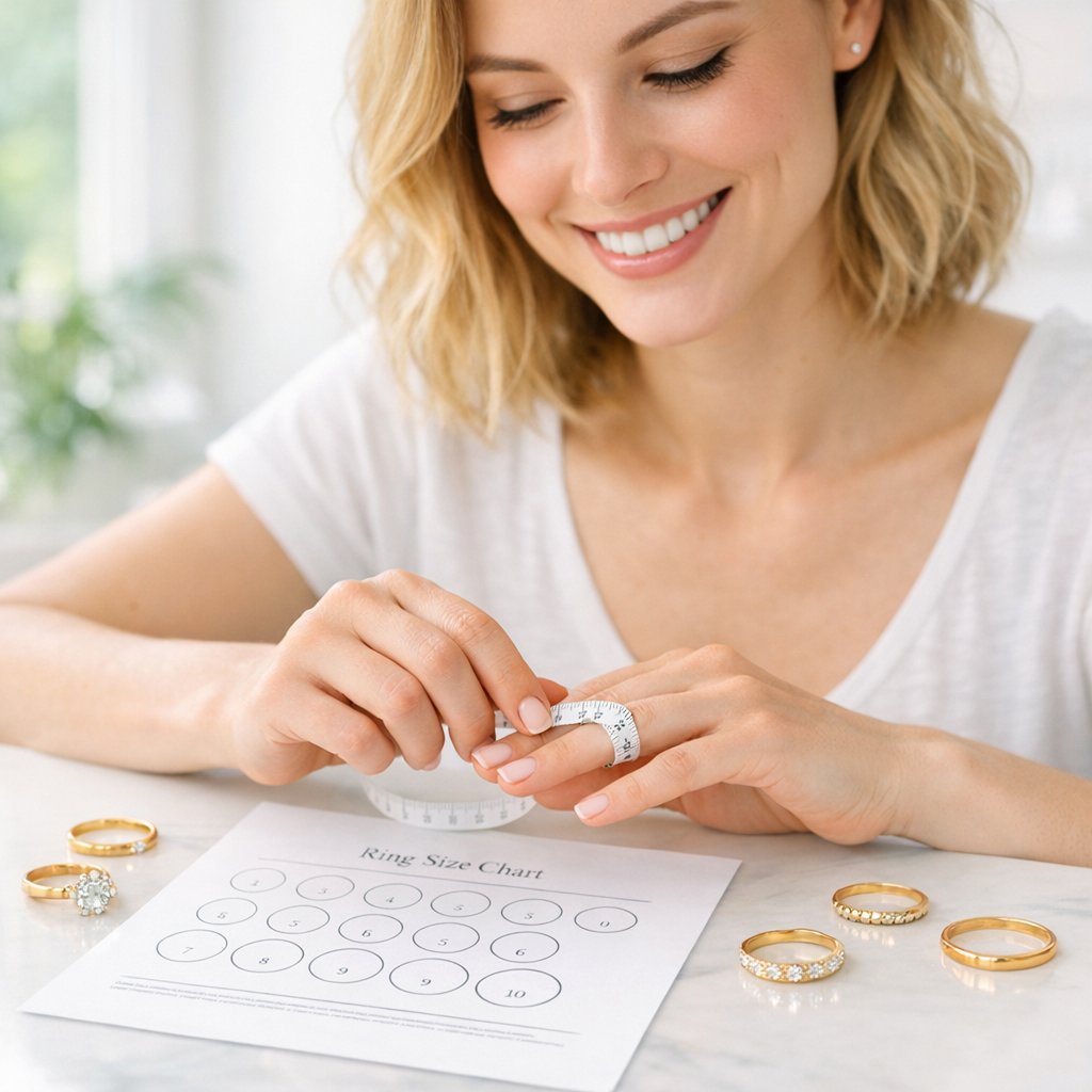 Woman measuring her ring finger with a string at home with jewelry in the background