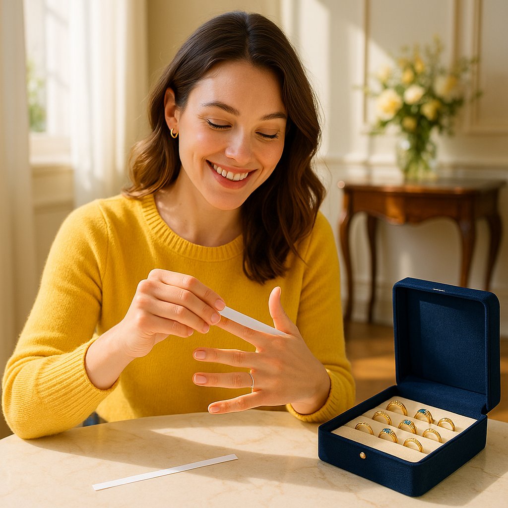 Woman measuring ring size at home with string and ruler with various rings displayed