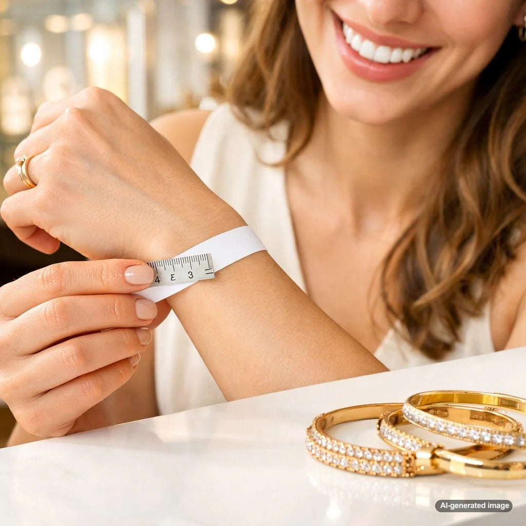 A woman using a piece of string to measure around her wrist and hand for a bangle, with a beautiful gold bangle bracelet beside her.