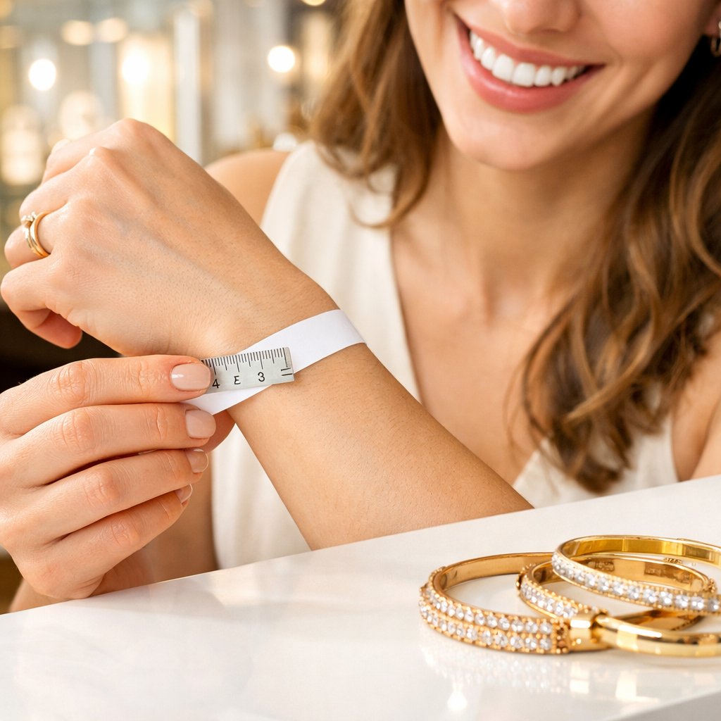 A woman using a piece of string to measure around her wrist and hand for a bangle, with a beautiful gold bangle bracelet beside her.