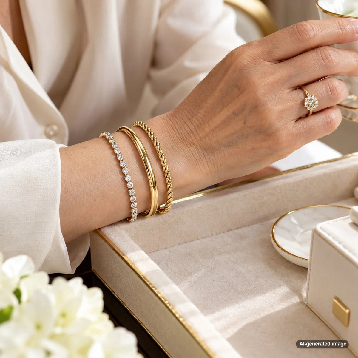 Diamond tennis bracelet mixed with yellow gold bangles in a relaxed everyday jewelry stack