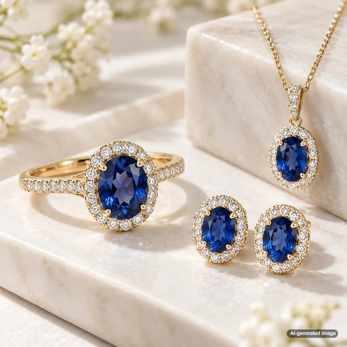 Colored gemstone and diamond jewelry arranged in an elegant balanced fine jewelry design