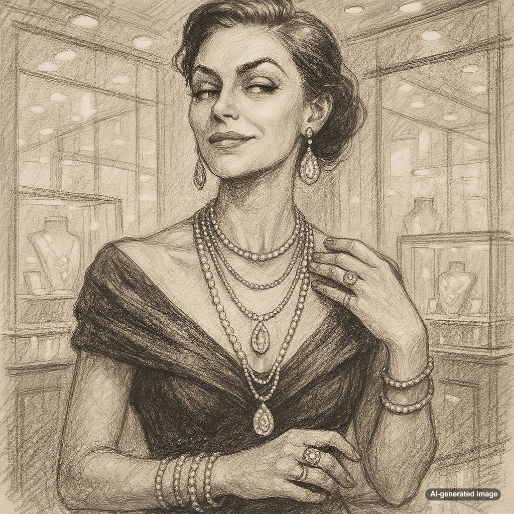 Woman wearing a mix of high-end and affordable jewelry, showcasing elegant layering and styling tips