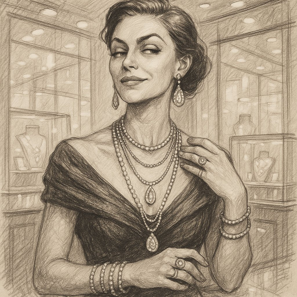 Woman wearing a mix of high-end and affordable jewelry, showcasing elegant layering and styling tips