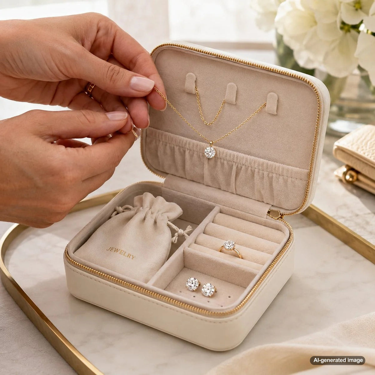 A stylish pink travel jewelry case on a marble background, showcasing how to pack fine jewelry safely for travel with organized compartments.
