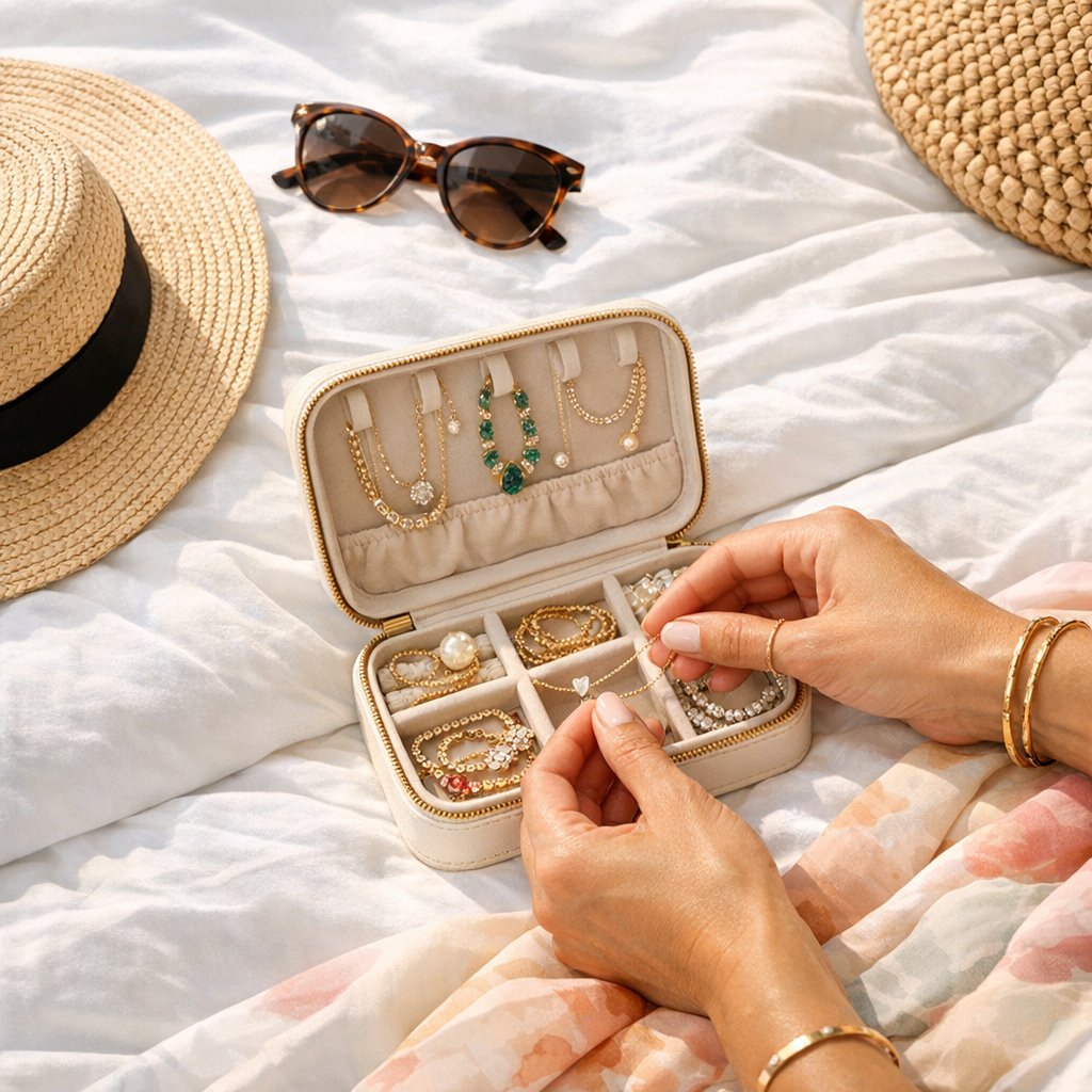 A neatly organized travel case with necklaces packed tangle-free using straws and compartments, next to a passport and sunglasses.