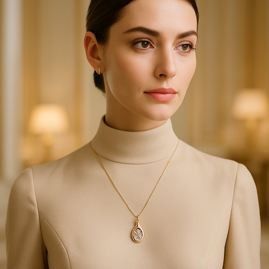 Woman in an elegant black high-neck dress wearing a long, sparkling diamond pendant necklace that falls gracefully on her chest.