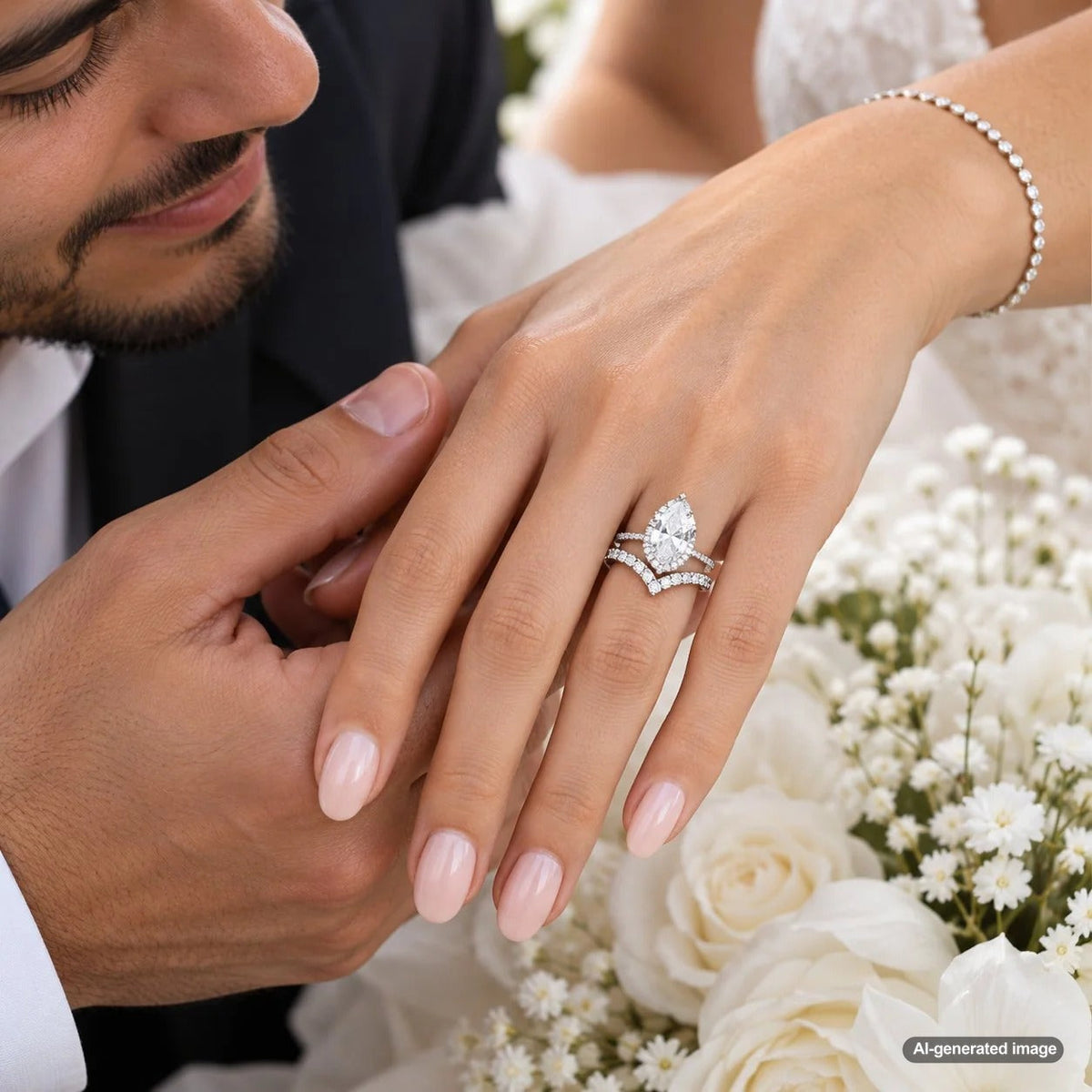 Pear-shaped diamond engagement ring paired with an elegant V-shaped or curved wedding band for a beautifully coordinated bridal jewelry stack
