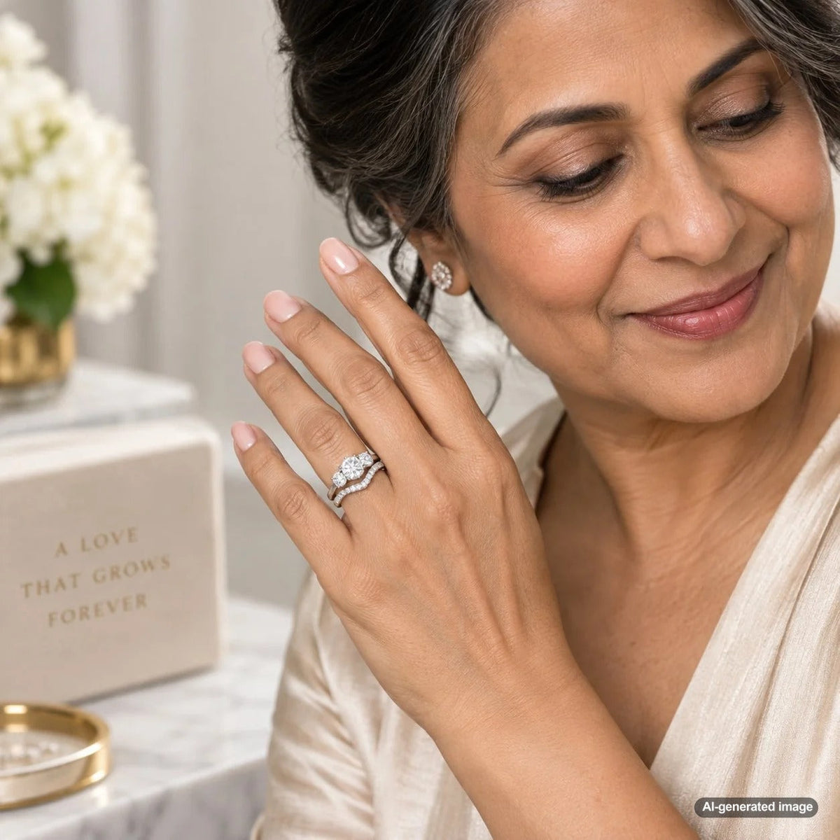 Three-stone engagement ring paired with a contoured wedding band for a balanced bridal jewelry stack