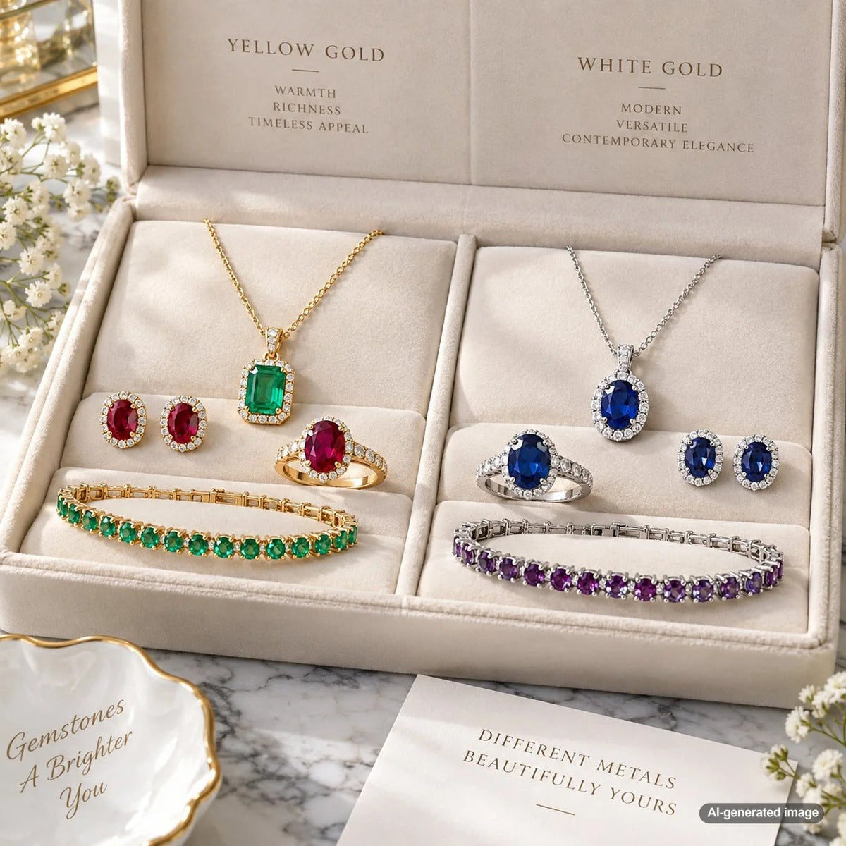 Colored gemstone jewelry displayed in yellow gold and white gold settings