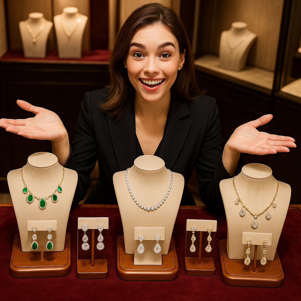 Stylish woman elegantly pairing diamond earrings with a layered necklace ensemble