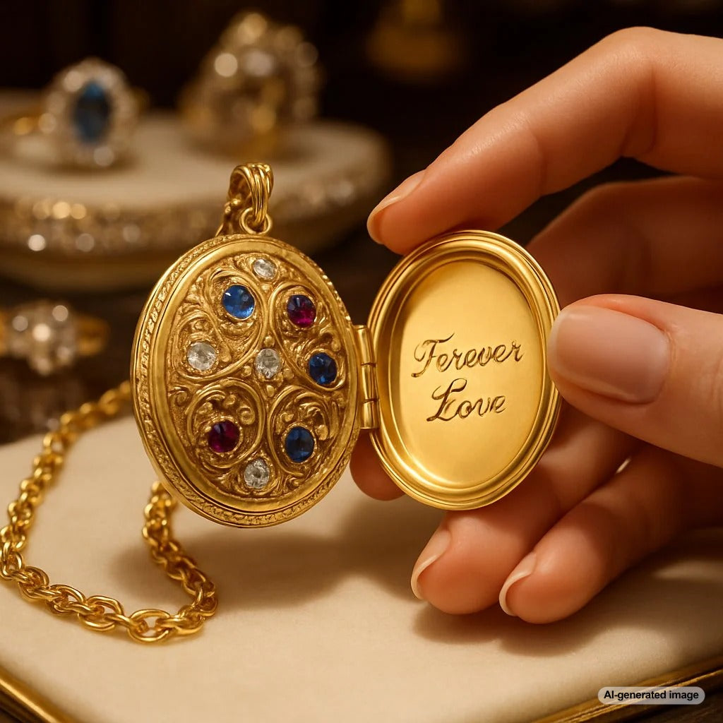 Beautiful engraved gold locket open showing photo spaces with personalized engraving on the back