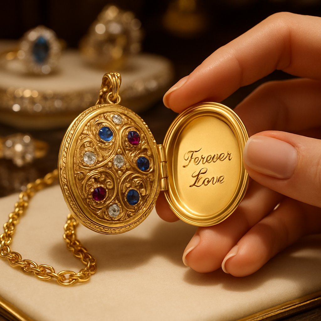 Beautiful engraved gold locket open showing photo spaces with personalized engraving on the back