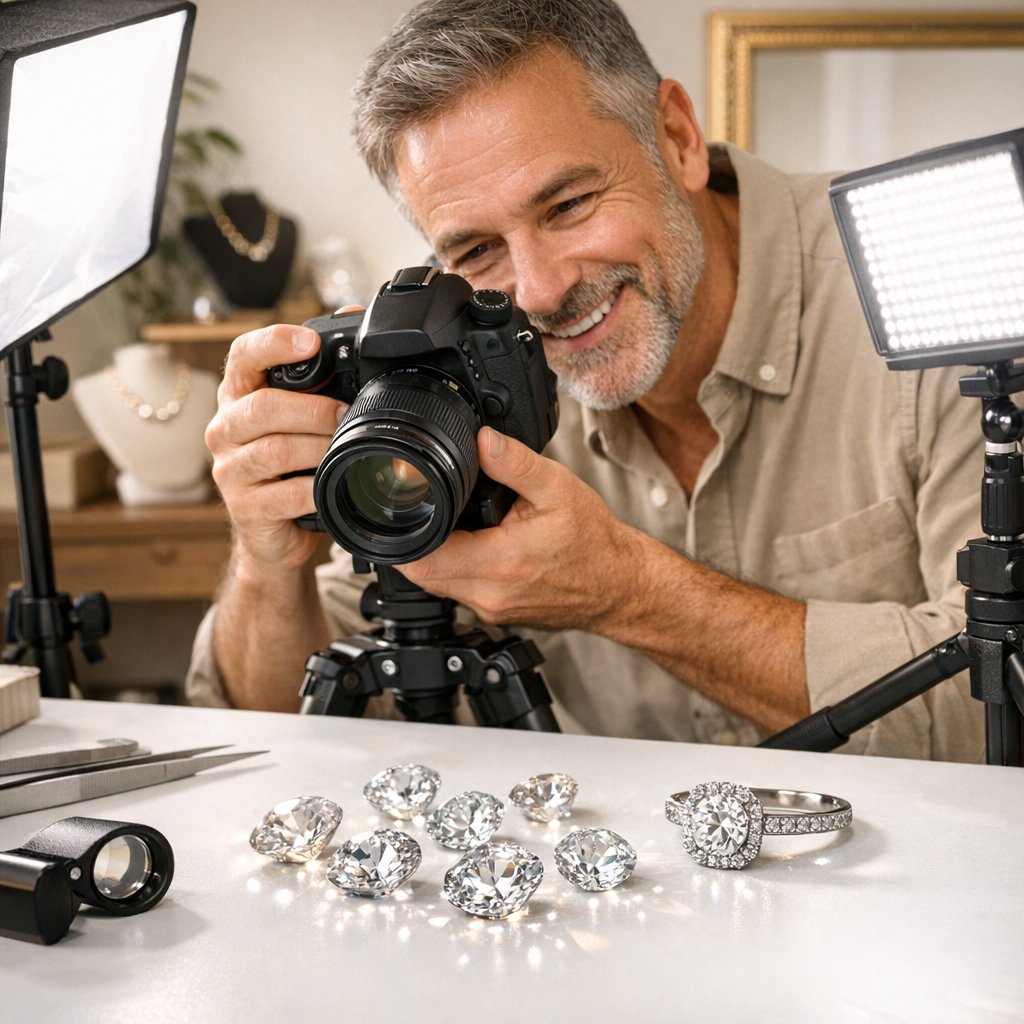 Close-up professional photo of a brilliant cut diamond ring on a white seamless background, showcasing perfect lighting and sparkle for resale listings.