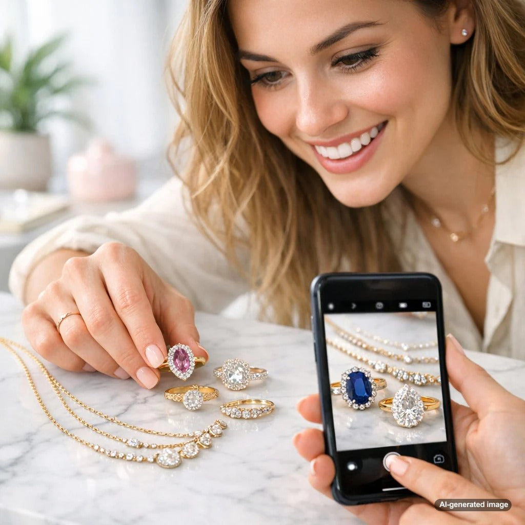 Close up shot of a diamond ring being photographed with a smartphone on a marble surface, showcasing jewelry photography for Instagram