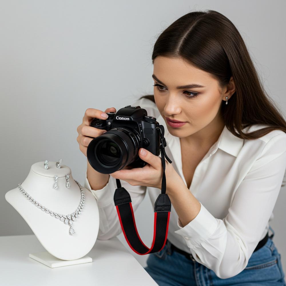 Close-up of a diamond ring being photographed with a professional camera setup