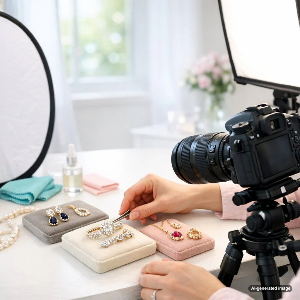 A woman photographing a sparkling diamond ring and a tennis bracelet on a white surface with a smartphone, representing how to photograph fine jewelry for insurance purposes.