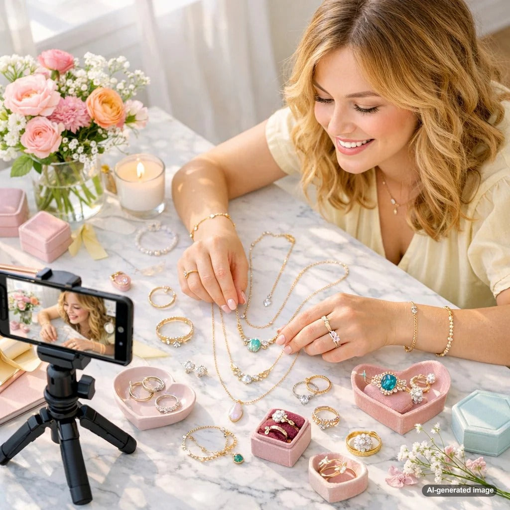 A professional flat lay photograph of fine jewelry including rings, necklaces, and bracelets arranged beautifully on a marble surface, showcasing brilliant sparkle and expert styling for Instagram.