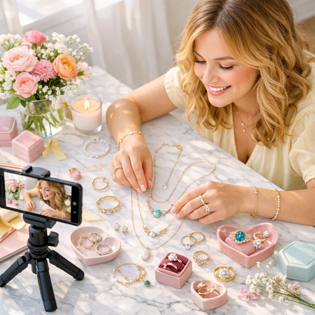 A professional flat lay photograph of fine jewelry including rings, necklaces, and bracelets arranged beautifully on a marble surface, showcasing brilliant sparkle and expert styling for Instagram.