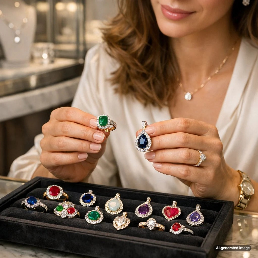 A vibrant assortment of colorful gemstone rings and loose stones, showcasing the diversity of birthstone options