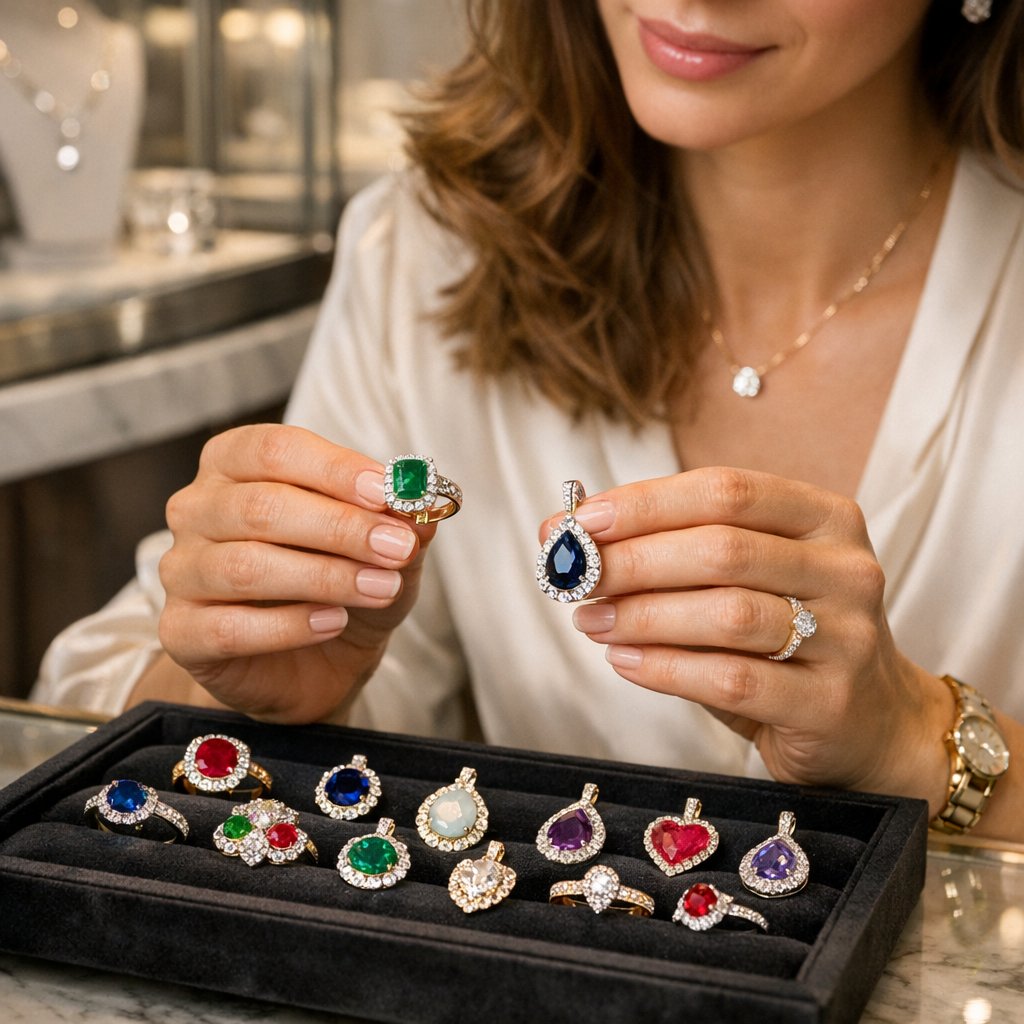 A vibrant assortment of colorful gemstone rings and loose stones, showcasing the diversity of birthstone options