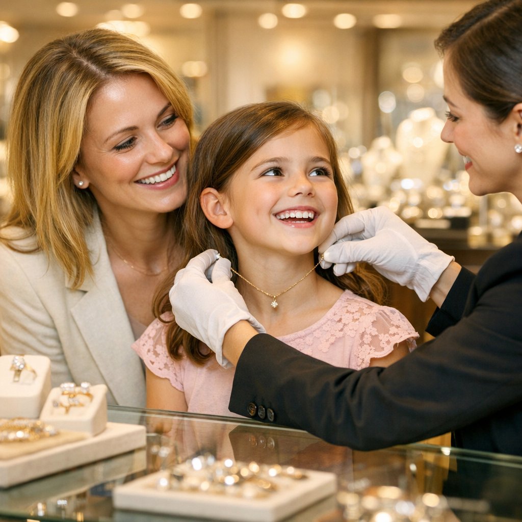Close-up of a child smiling, wearing a delicate gold chain with a small heart pendant, resting comfortably on their chest.