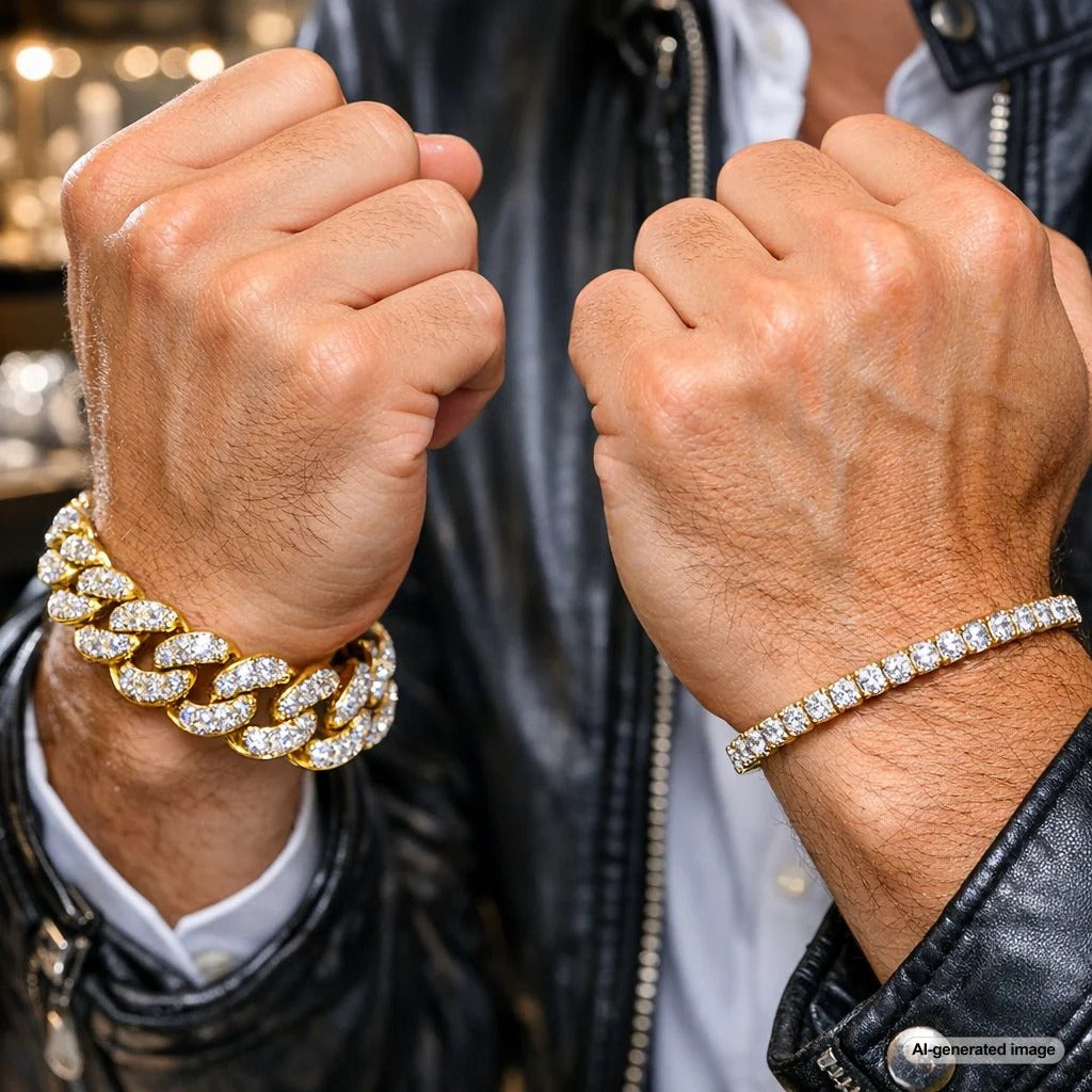 Close-up image of a man's wrist wearing a sleek gold cuff bracelet and a leather bracelet, demonstrating the difference between a snug and loose fit.