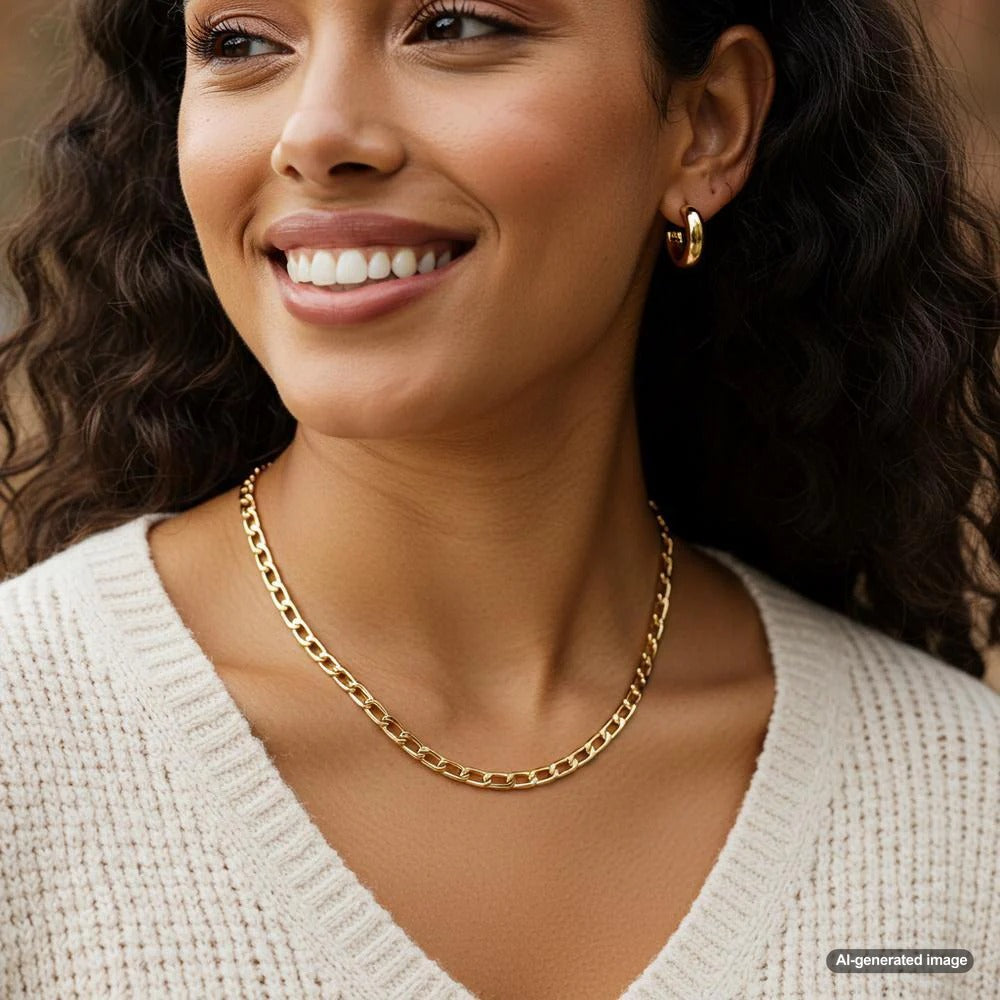 Various necklace chain lengths displayed on a model