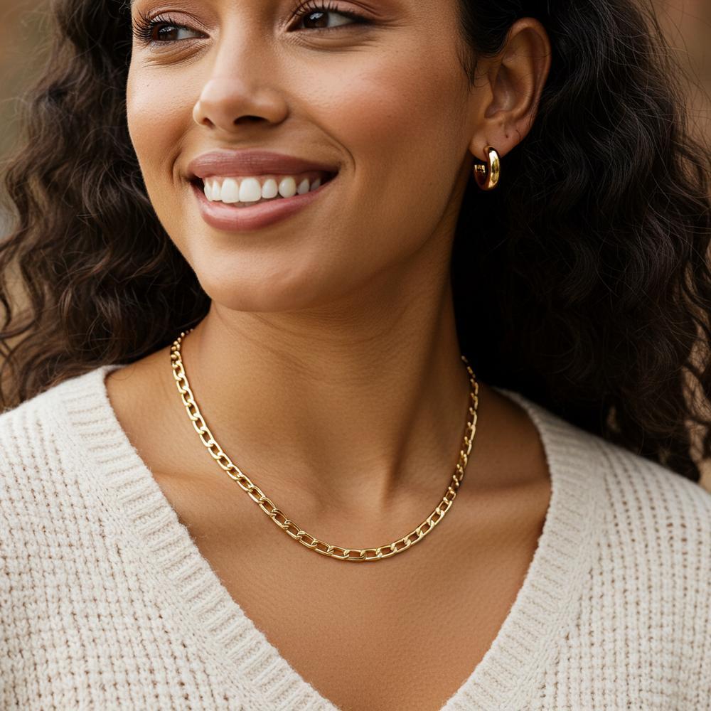 Various necklace chain lengths displayed on a model