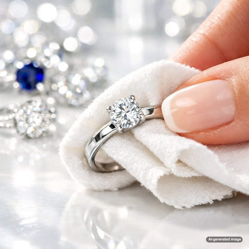 Close-up of a woman's hands gently polishing a brilliant platinum diamond ring with a soft yellow polishing cloth at home.