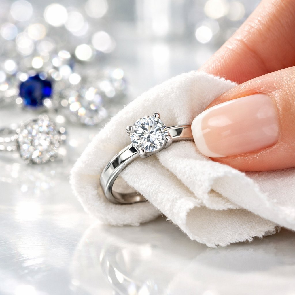Close-up of a woman's hands gently polishing a brilliant platinum diamond ring with a soft yellow polishing cloth at home.