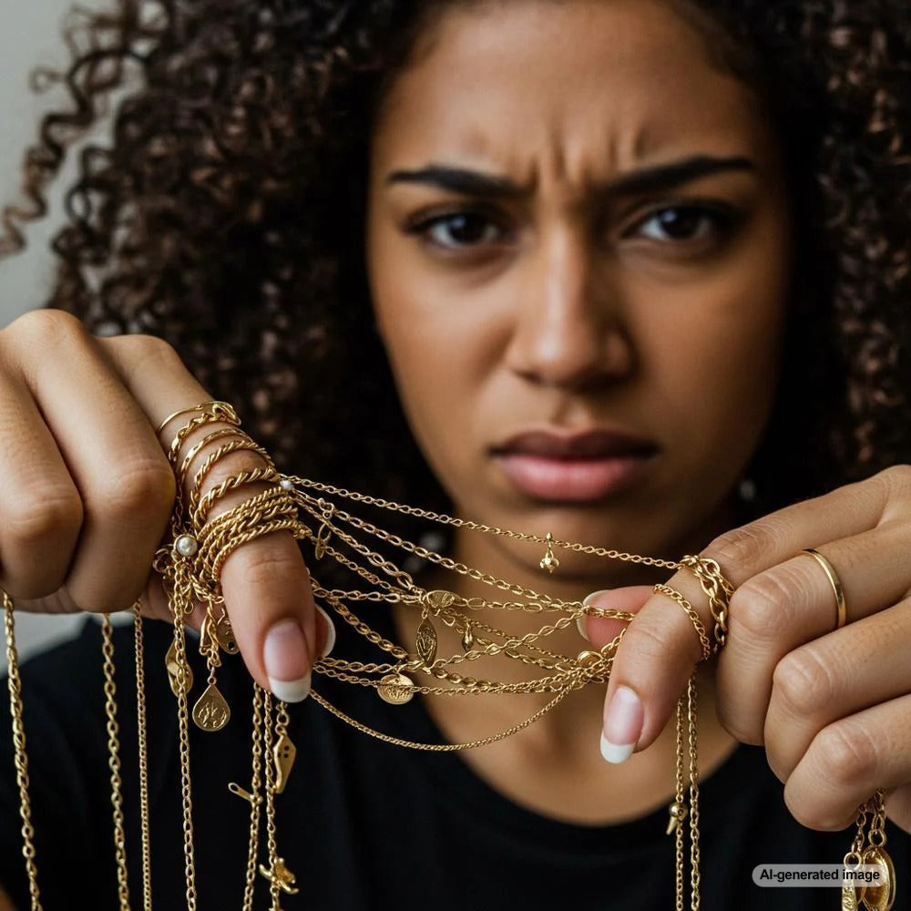 Gold chains displayed elegantly to highlight their intricate designs and prevent tangling.