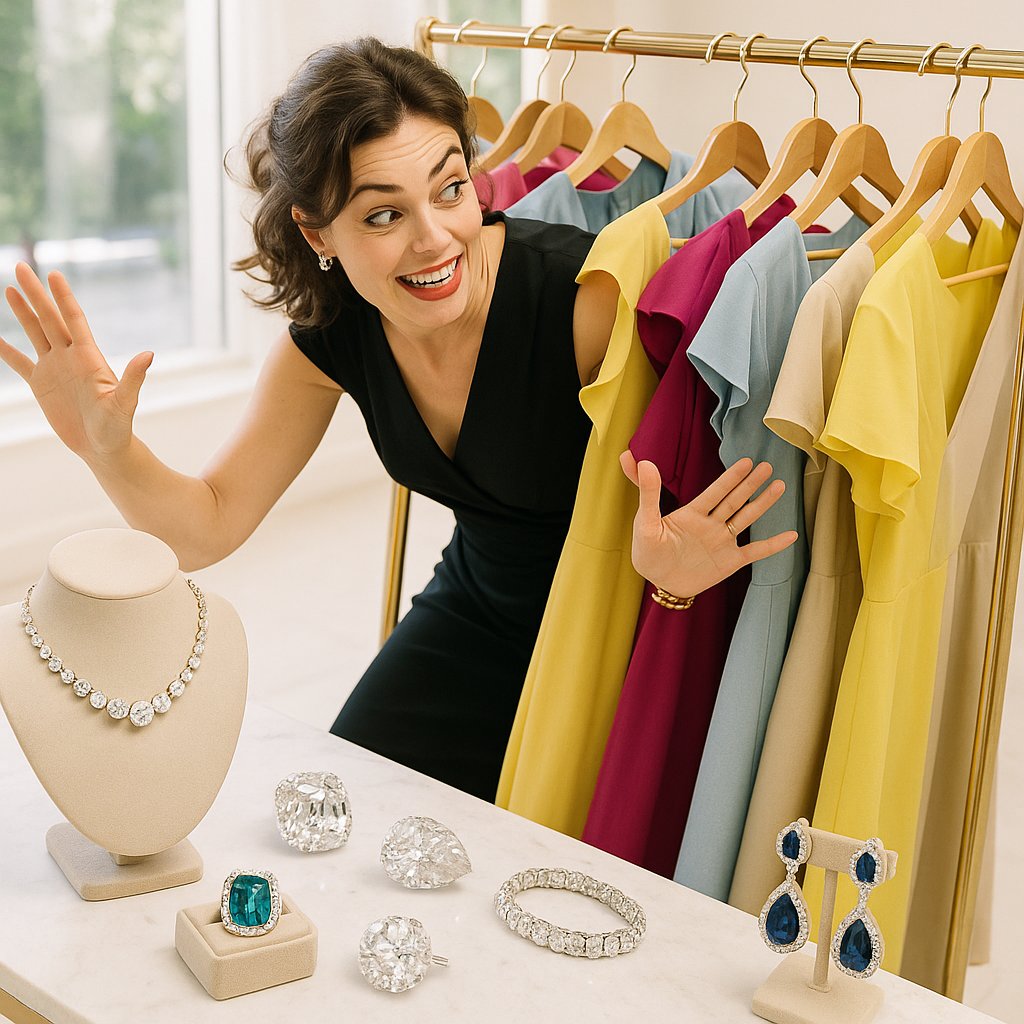 Close-up of a woman's hand wearing a delicate gold bracelet smoothly gliding over a blue silk sleeve without snagging