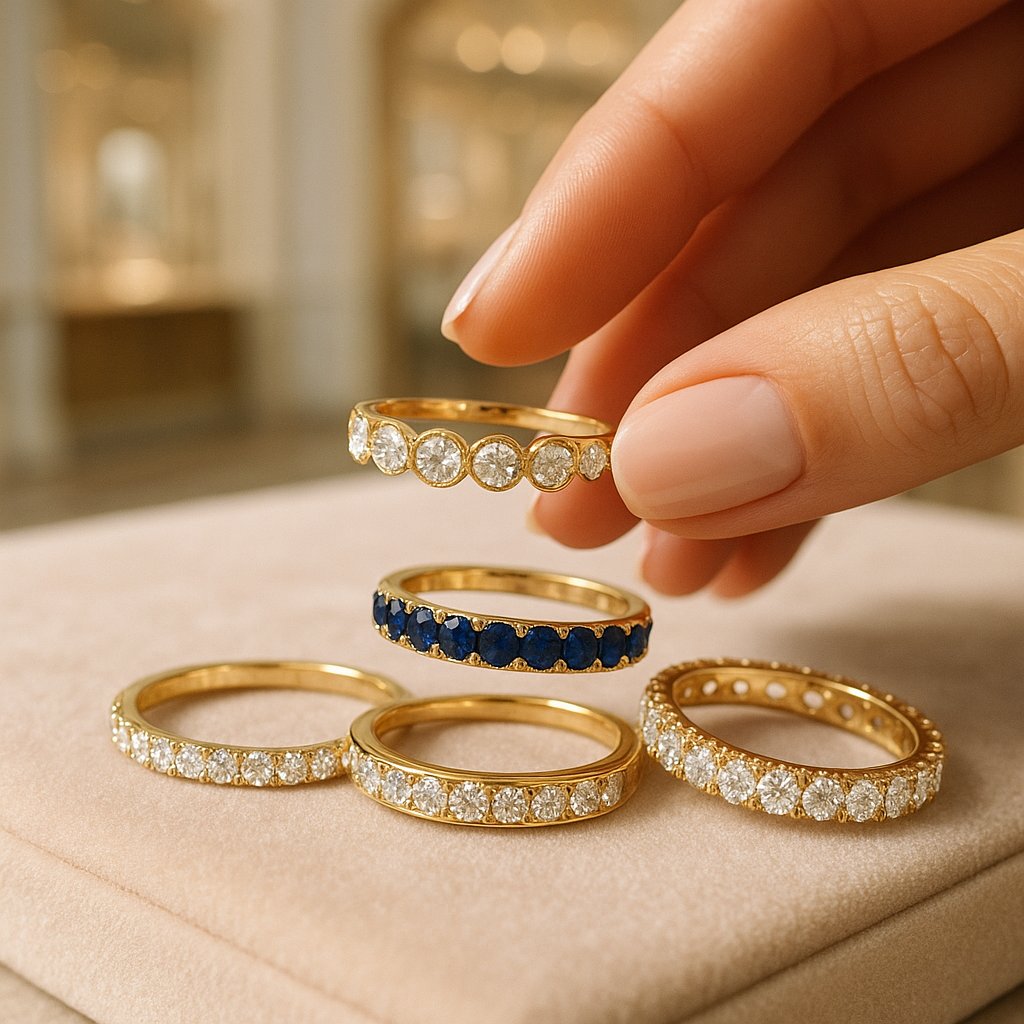 A beautiful collection of gold and diamond stacking rings arranged artfully on a velvet surface