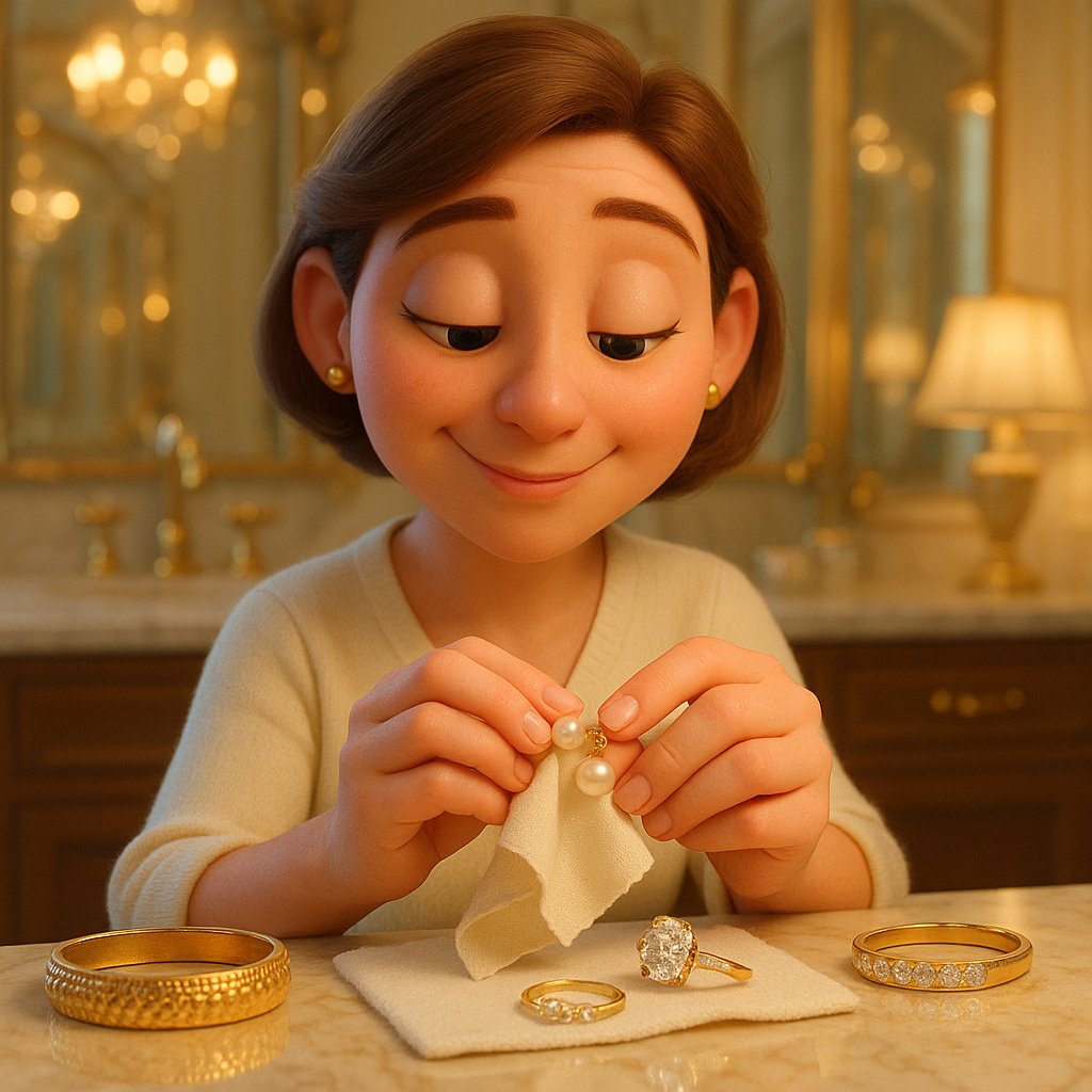 Close-up of beautiful pearl earrings resting on a soft cloth with cleaning supplies