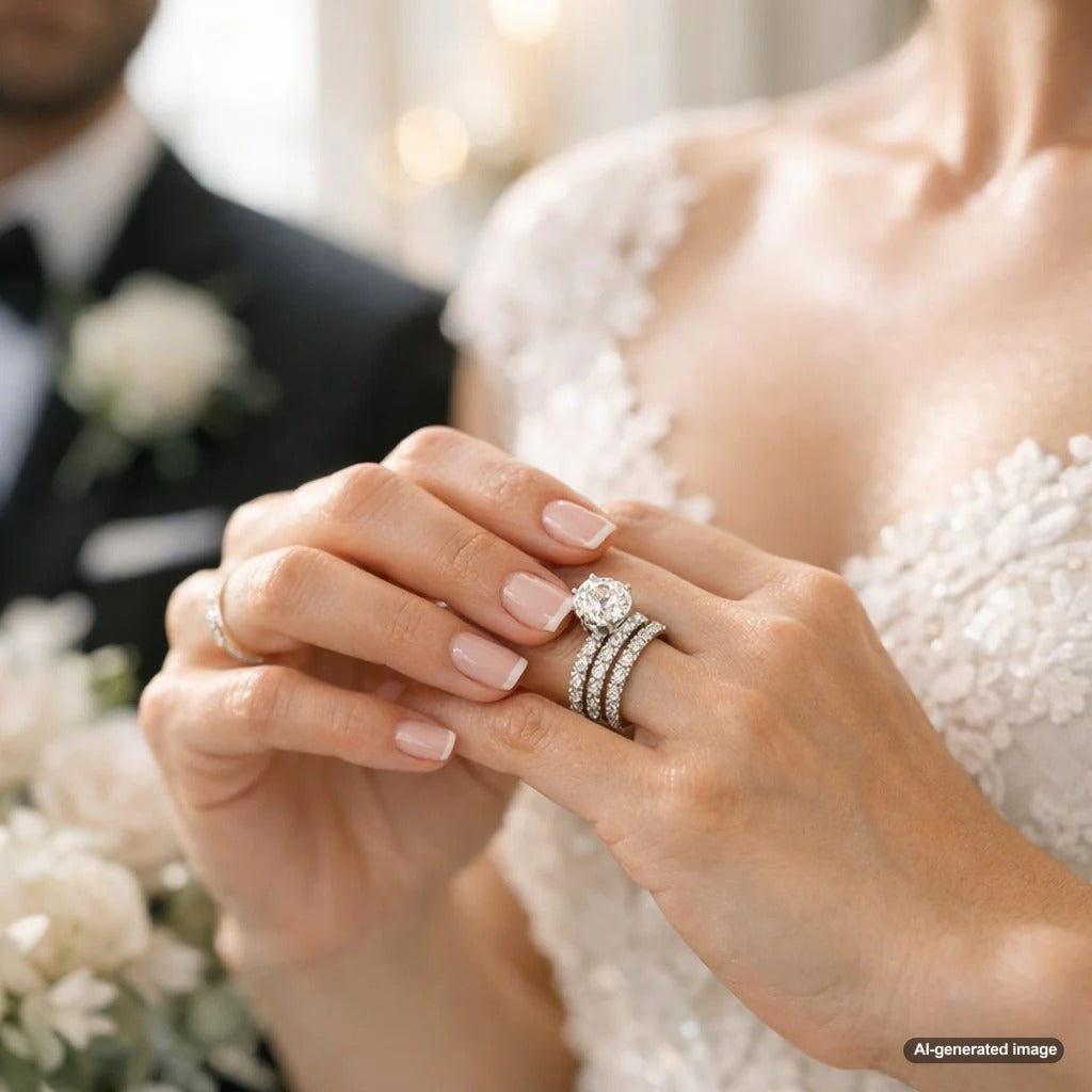 A close-up of a bride's hands holding a white bouquet, with her diamond engagement ring clearly visible, symbolizing the need to protect it on the wedding day.