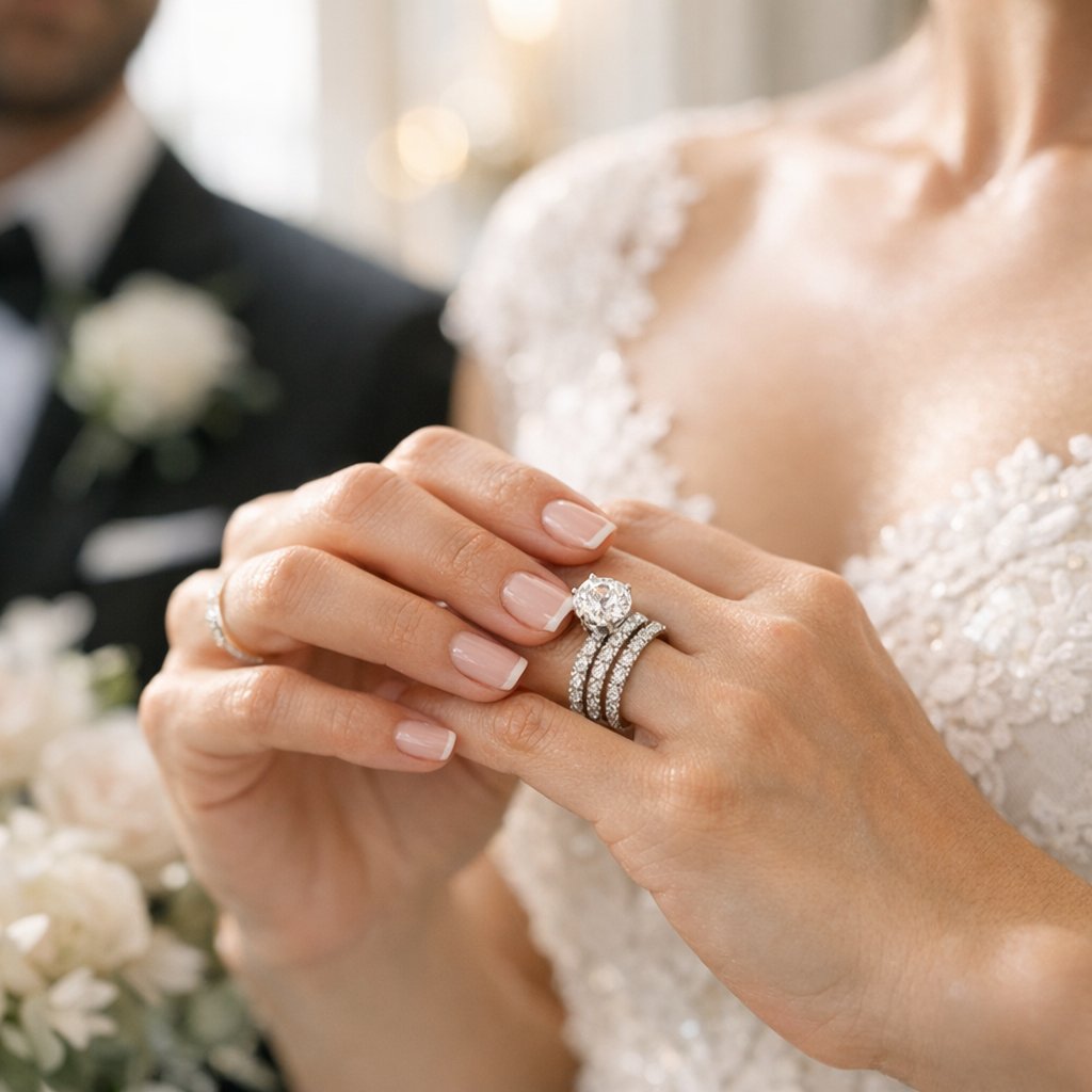 A close-up of a bride's hands holding a white bouquet, with her diamond engagement ring clearly visible, symbolizing the need to protect it on the wedding day.